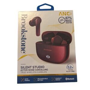 NIB Brookstone Silent Studio Active Noise Cancelling Wireless Earbuds Maroon